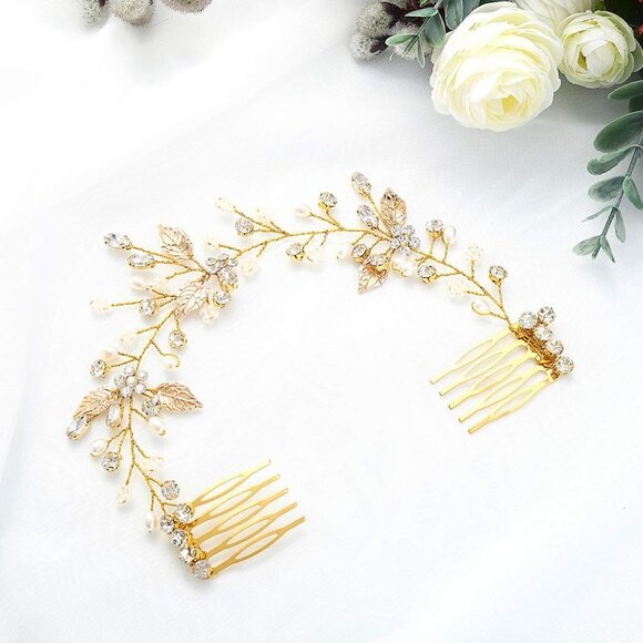 Gold Leaf Bride Hair Combs Pearl Crystal Bridal Hair Accessories for Weddings - Picture 6 of 6